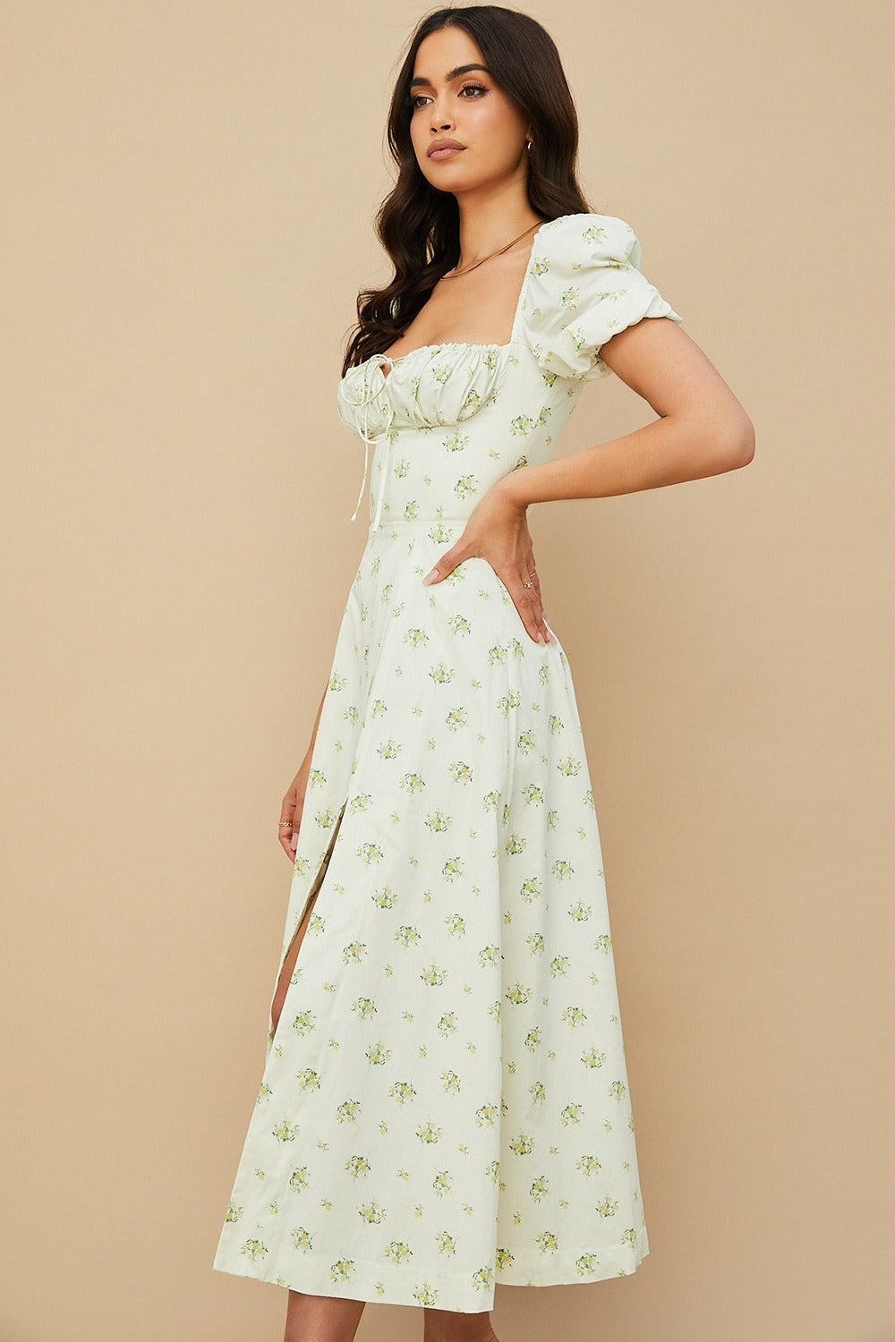 Floral Square Neck Puff Sleeve Ruched Tie Bust High Split Midi Dress