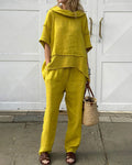 Casual Cotton Linen Turtleneck Top & Pants Two-piece Set