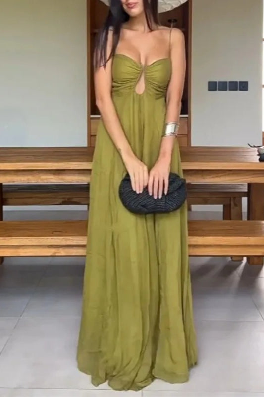 Spaghetti Strap Ruched Keyhole Bodice Crinkle Texture Flowy Maxi Dress