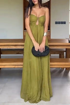 Spaghetti Strap Ruched Keyhole Bodice Crinkle Texture Flowy Maxi Dress