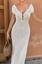 White Cap Sleeve U Neck Keyhole Crochet Pointelle Knit Maxi Dress