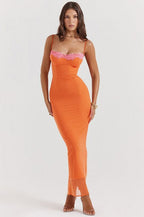 Ribbed Lace Trim Balconette Spaghetti Strap Bodycon Maxi Dress
