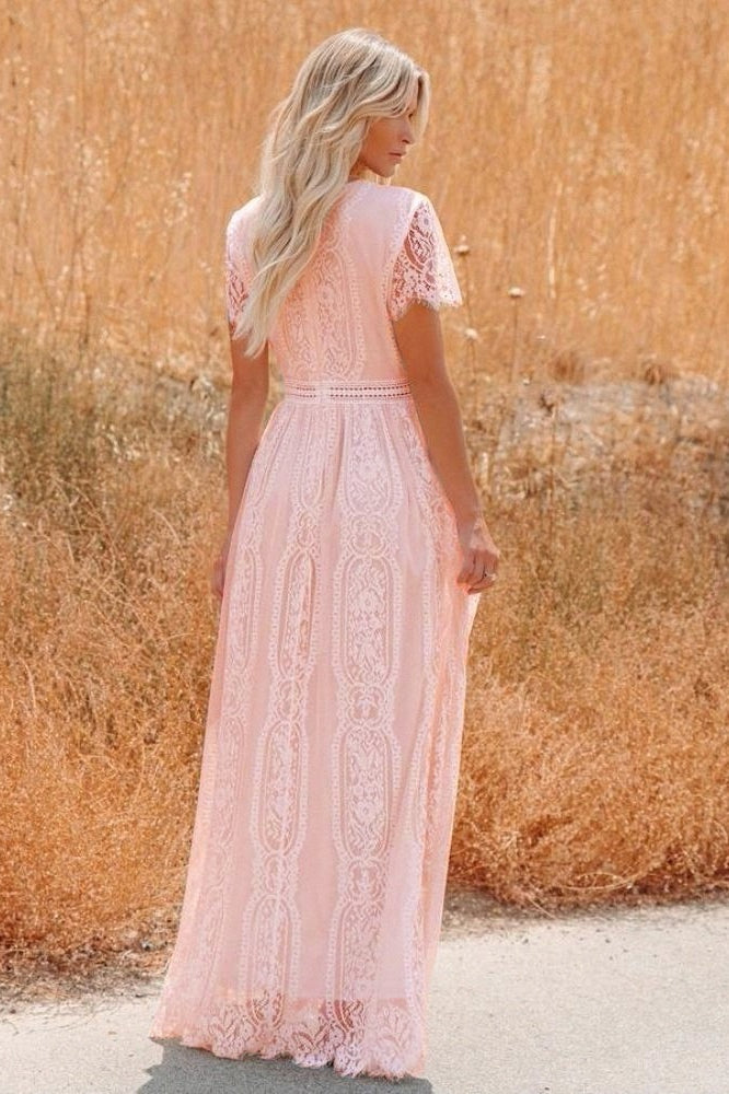 Deep V Neck Lace Cap Sleeve Empire Waist Scalloped Hem Maxi Dress