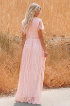 Deep V Neck Lace Cap Sleeve Empire Waist Scalloped Hem Maxi Dress