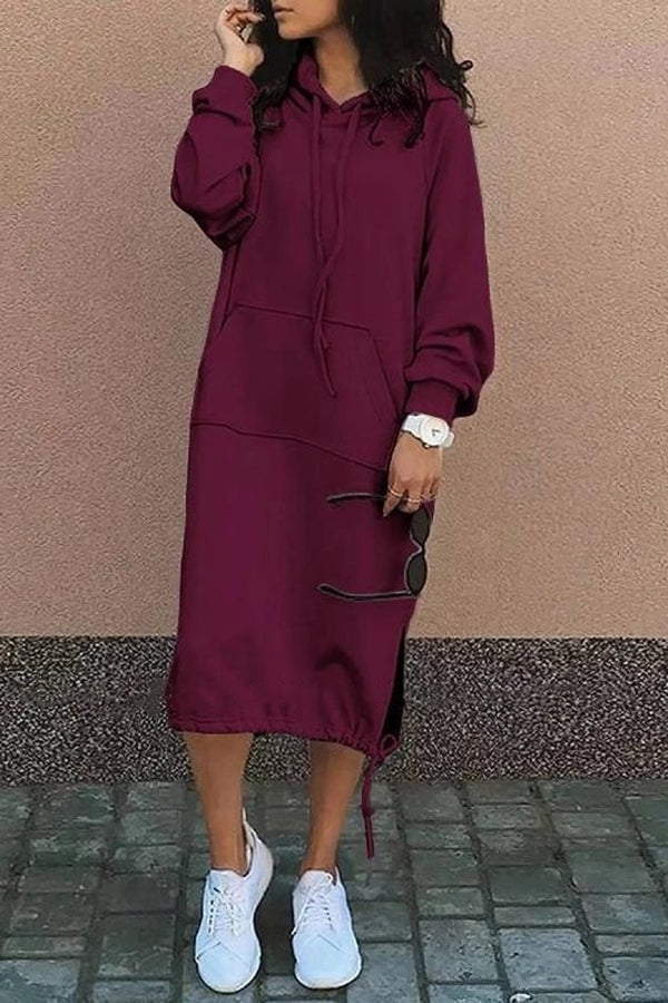 Oversized Hooded Kangaroo Pocket Drawstring Hem Side Slit Midi Sweatshirt Dress