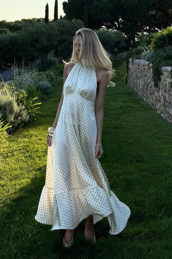 Polka Dot Satin Halter Ruffled Neck Tiered Ruffle Hem Maxi Dress