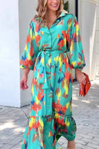 Abstract Brushstroke Print Collar Balloon Sleeve Tie Waist Tiered Maxi Dress