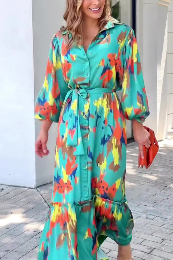 Abstract Brushstroke Print Collar Balloon Sleeve Tie Waist Tiered Maxi Dress