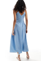 Smocked Bodice Crinkle Texture Spaghetti Strap V-Neck Maxi Dress