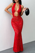 Halter Deep V Lace Cutout Oval Midriff Bodycon Maxi Dress