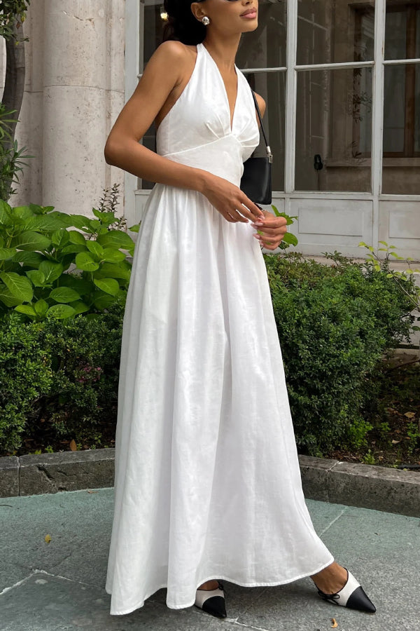 Solid Color Halter Neck Tie Elegant Backless Waist-cinching Maxi Dress