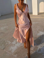 Sally's Satin V-Neck Slit Maxi Dress