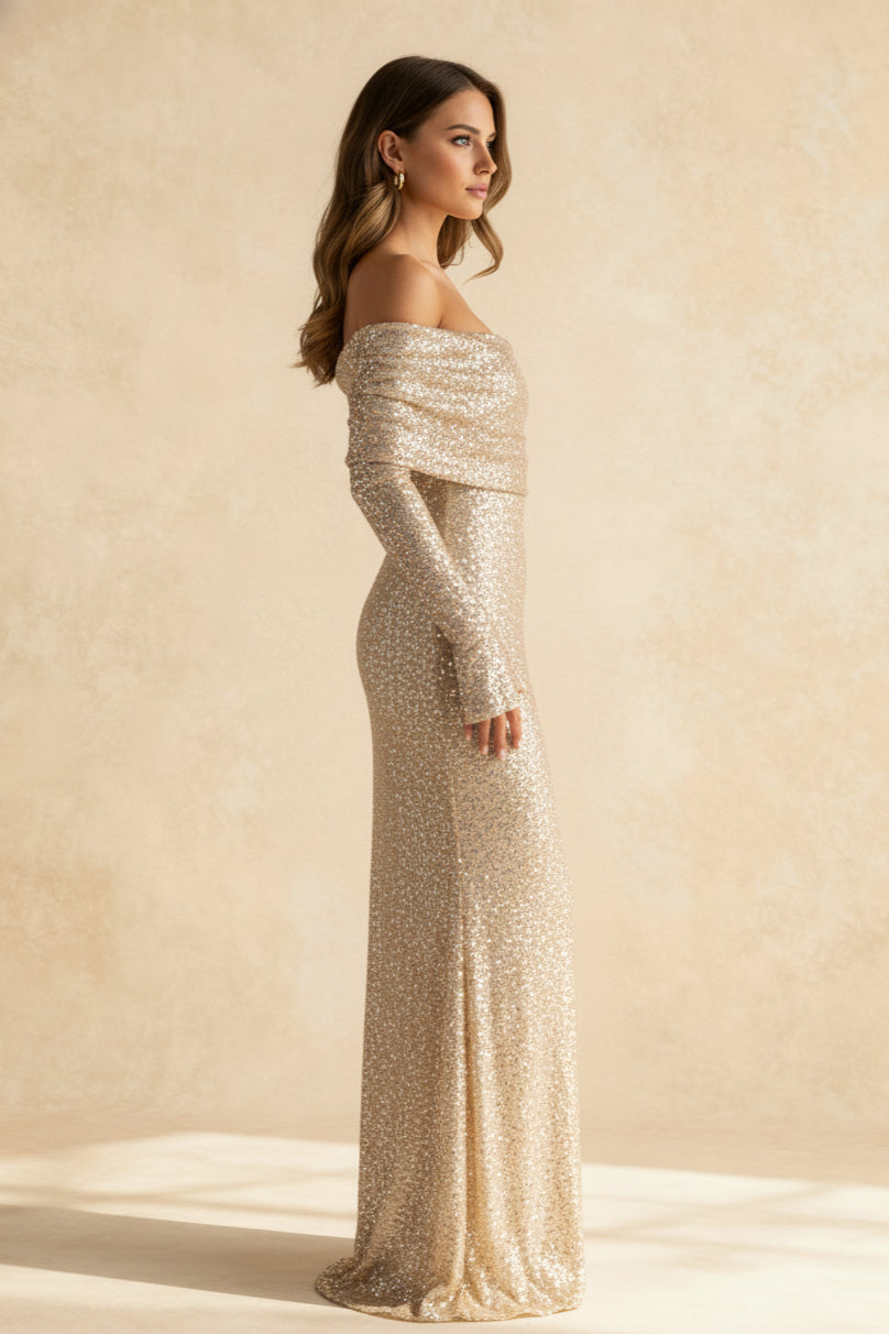 Sequin Off Shoulder Long Sleeve Bodycon Maxi Dress