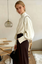 Black Lantern Sleeve Button-Up Blouse