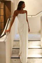 Strapless Knot Waist Ruched Floor Length Column Gown