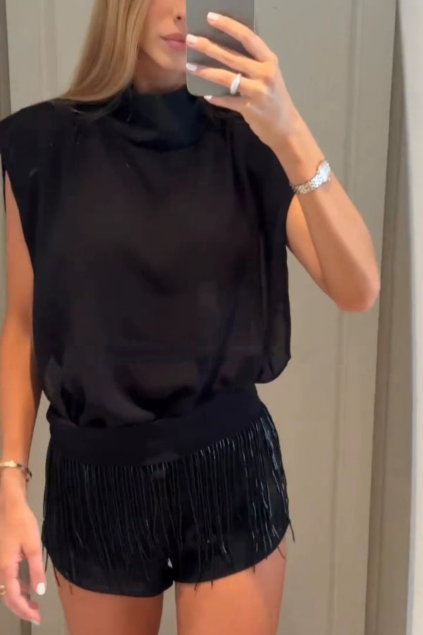 Solid Color Sleeveless Stand-up Collar Top and Casual Fringed Shorts Set