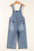 Blue Zone Planet | Stone Blue Distressed Bib Pocket Wide Leg Denim Overall