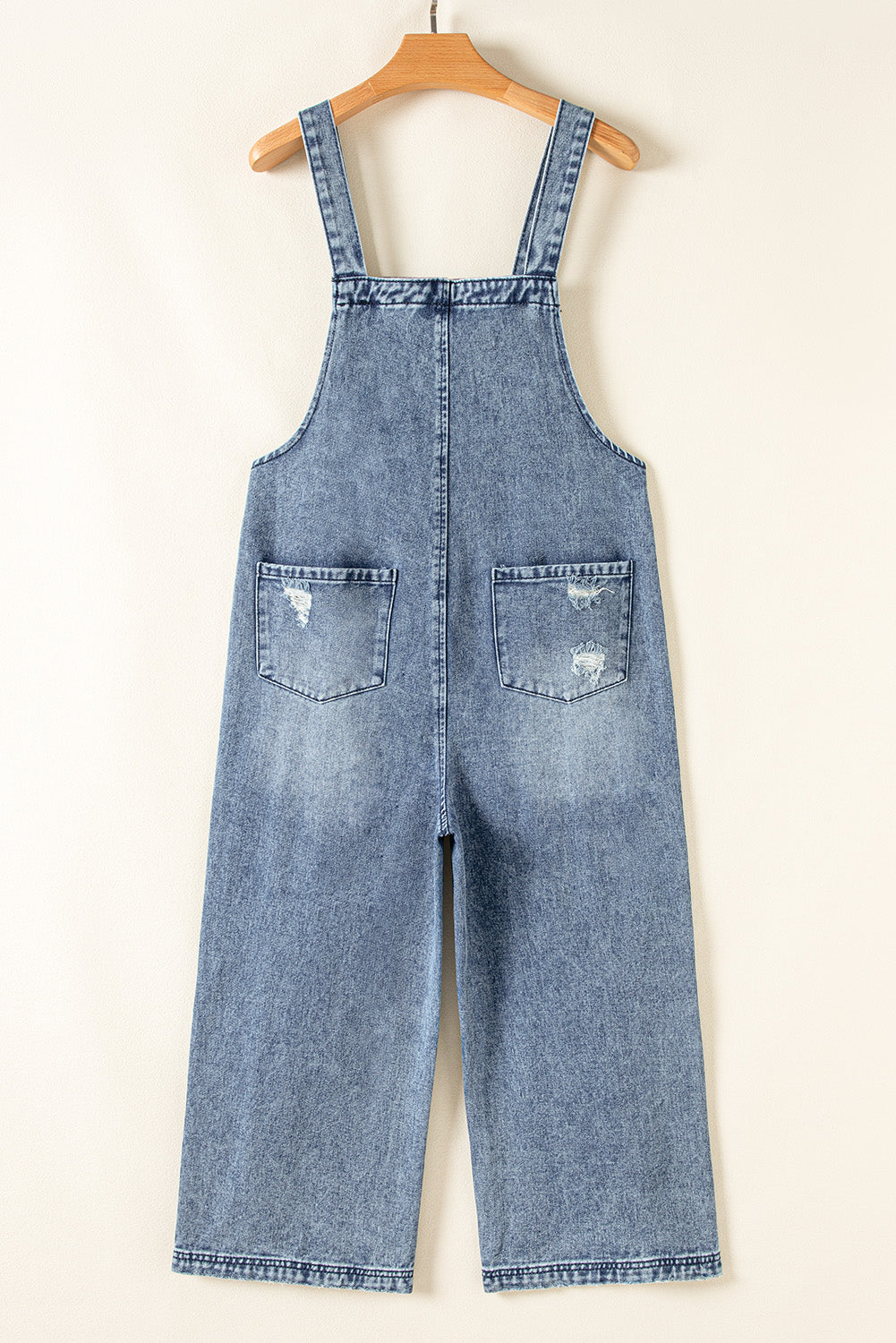 Blue Zone Planet | Stone Blue Distressed Bib Pocket Wide Leg Denim Overall