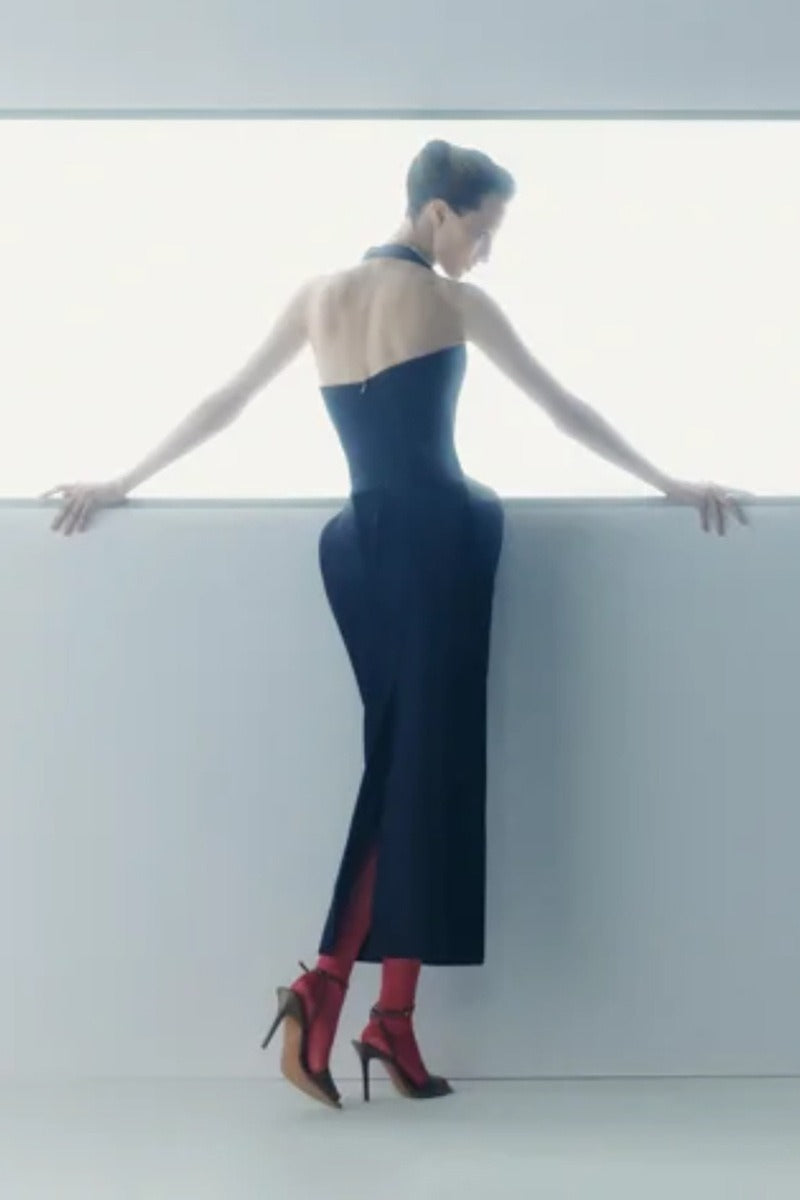 Halter Neck Corset Sculptural Hip Detail Ribbed Bodycon Midi Dress