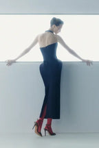 Halter Neck Corset Sculptural Hip Detail Ribbed Bodycon Midi Dress