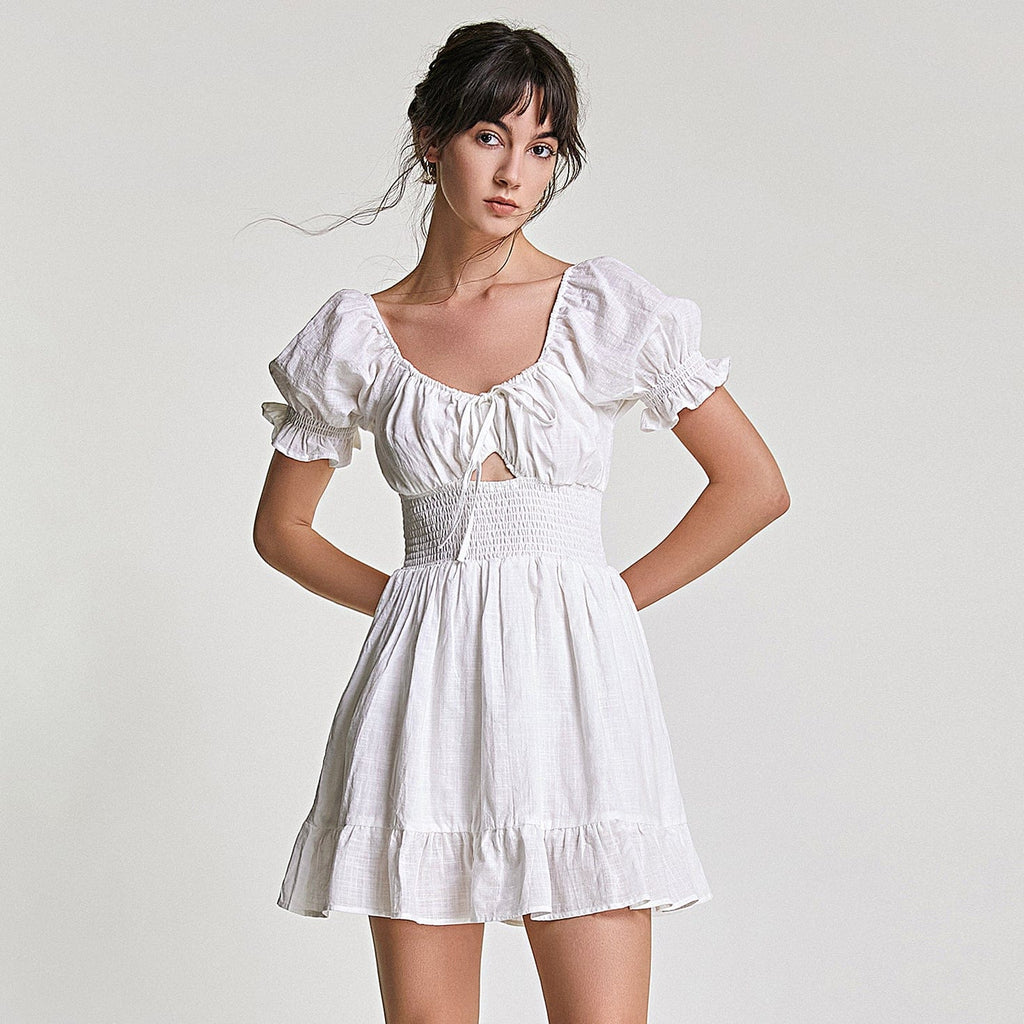 Tie Front Puff Sleeve Smocked Waist Ruffle Hem Babydoll Mini Dress
