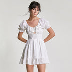 Tie Front Puff Sleeve Smocked Waist Ruffle Hem Babydoll Mini Dress