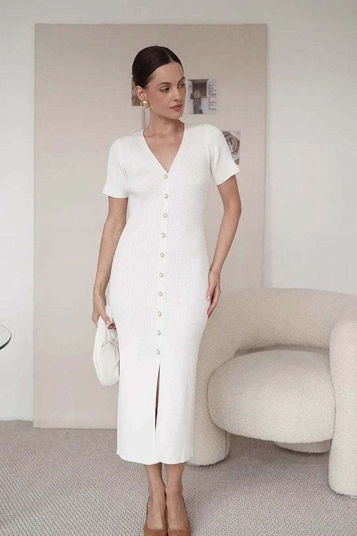 V-Neck Ribbed Knit Pearl Button Short Sleeve Bodycon Midi Sweater Dress