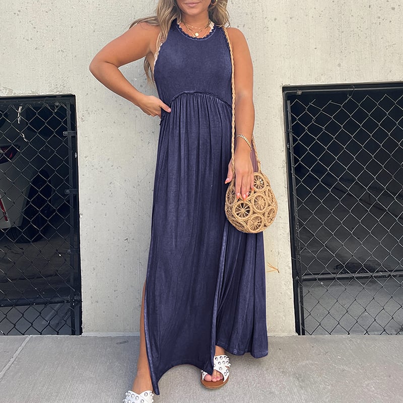 Crew Neck Tiered Seam Double Front Slit Sleeveless Maxi Dress