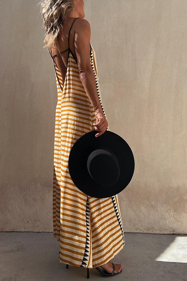 Geometric Tribal Print Square Neck Spaghetti Strap Maxi Dress