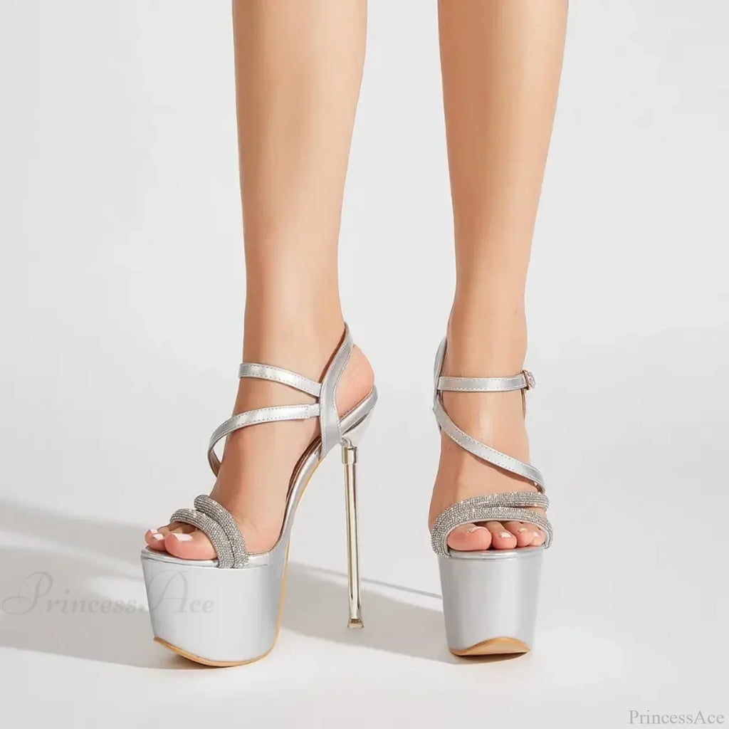 7CM Platform Runway Rhinestone Sexy Open ToeBuckle Strap 17CM Thin High Heels Club Party High Heel