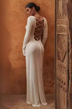 Ribbed Knit Long Sleeve Lace Up Open Back Bodycon Maxi Dress