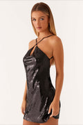 Sequin Cowl Neck Halter Ring Detail Backless Bodycon Mini Dress
