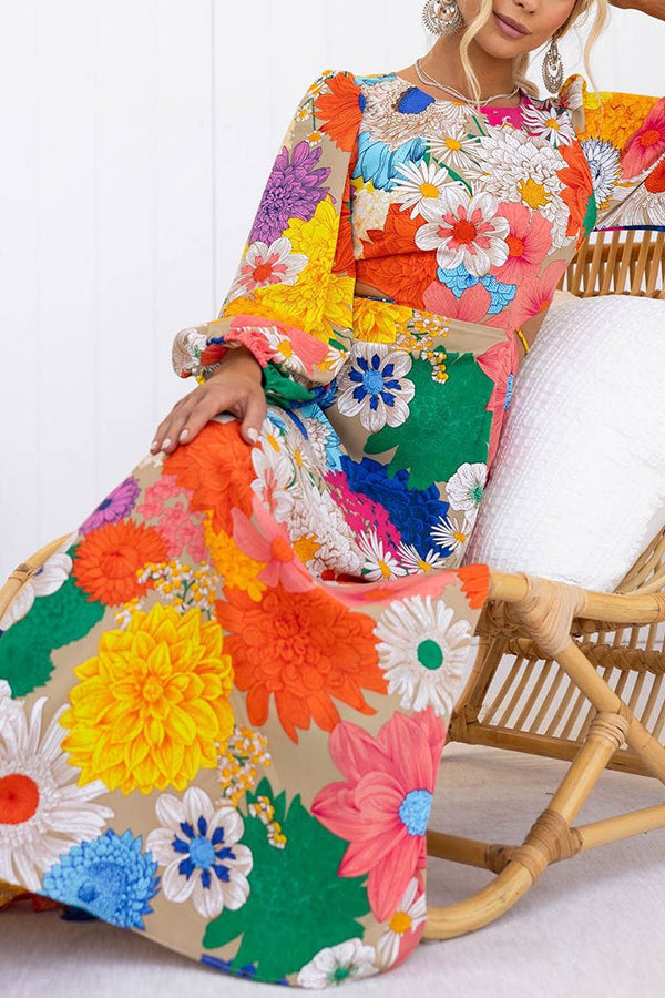 Floral Print Lantern Sleeve Waist Cut Out Maxi Dress