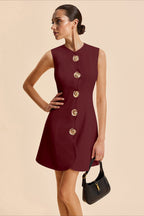 Scalloped Wave Button Front Sleeveless Round Neck A-Line Mini Dress