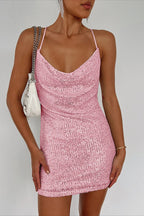 Sequin Cowl Neck Spaghetti Strap Bodycon Mini Dress