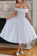 Off Shoulder Foldover Cuff Pleated Pocket Fit and Flare Midi Dress