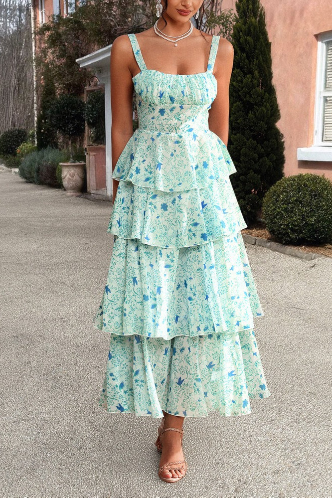 Square Neck Ruched Bust Toile Floral Print Tiered Maxi Dress