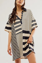 Denim Collar Striped Patchwork Polo Rugby Mini Dress