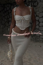 Mirina Hollow Crochet Knit Pearl Trim Heart Collar Crop Vacation Tank