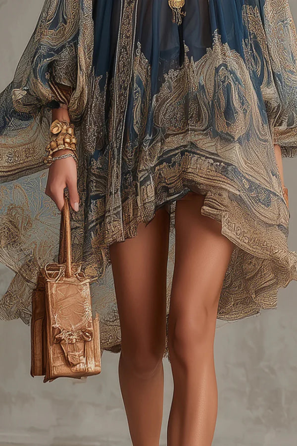 Baroque Print High-neck Irregular Chiffon Mini Dress