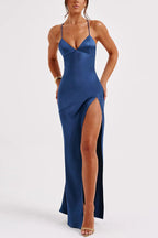 Satin Deep V-Neck Spaghetti Strap High Slit Column Maxi Dress
