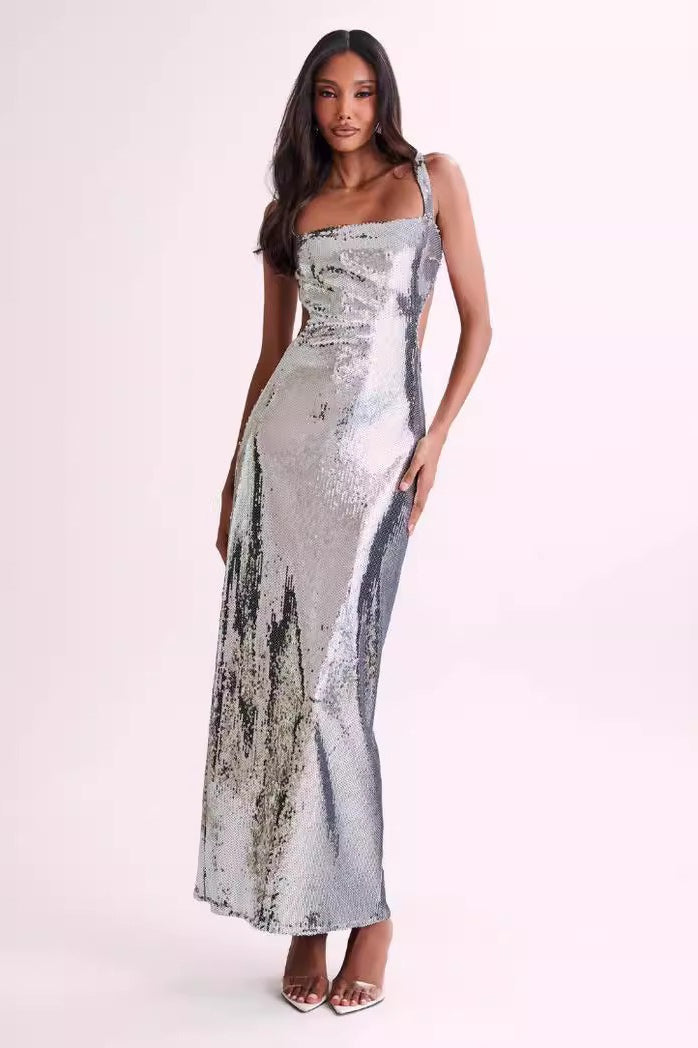 Sequin Square Neck Wide Strap Waist Cut Out Bodycon Maxi Gown