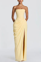 Cyra Back Lace-up Asymmetrical Pleats Strapless Slit Maxi Dress