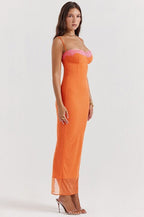Ribbed Lace Trim Balconette Spaghetti Strap Bodycon Maxi Dress