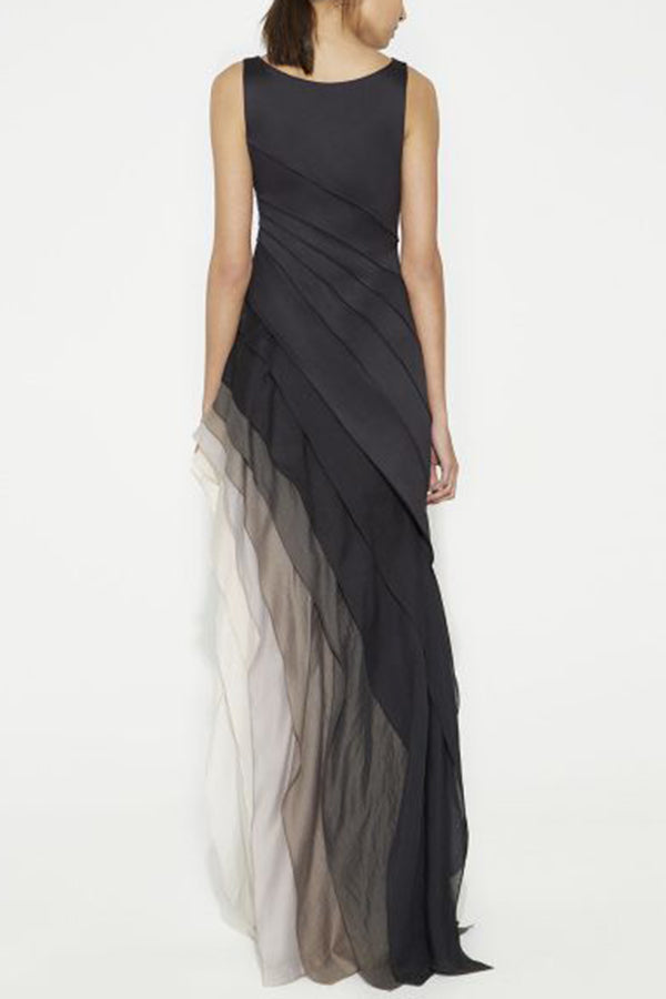 Ombre Gradient Diagonal Tiered Ruffle Column Maxi Gown