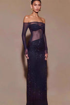 Blue Off Shoulder Rhinestone Maxi Dress