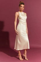 Satin High Neck Sleeveless Slip Midi Dress