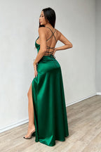 Satin Wrap V-Neck Spaghetti Strap High Split Maxi Dress