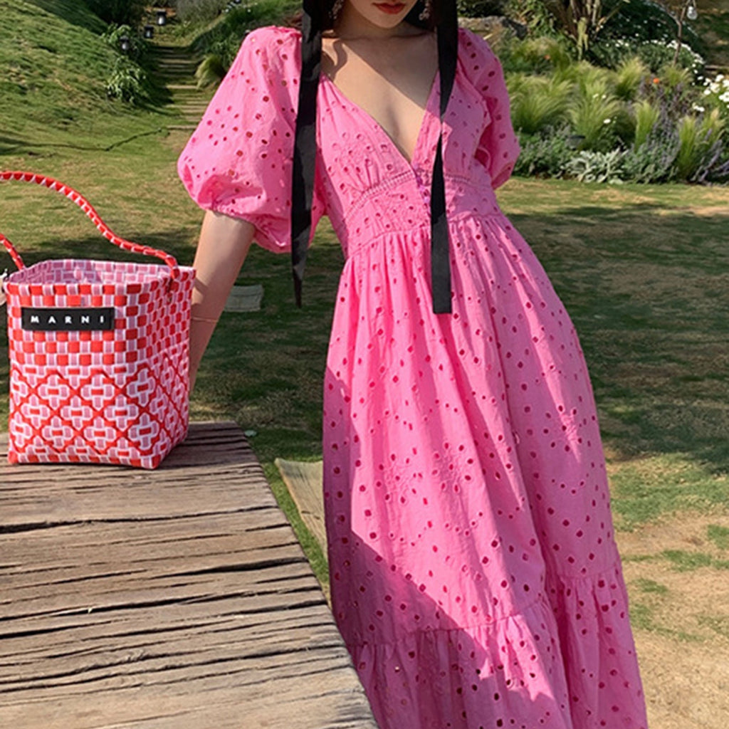 Eyelet Deep V-Neck Puff Sleeve Smocked Empire Waist Tiered Maxi Dress