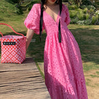 Eyelet Deep V-Neck Puff Sleeve Smocked Empire Waist Tiered Maxi Dress